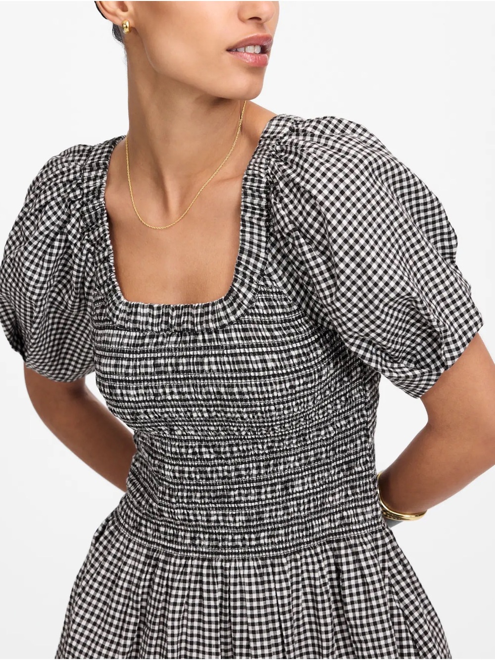Madewell Black & White Gingham Smocked Puff-Sleeve Midi Dress
